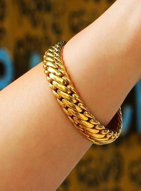 黄金色霸气古巴手链男三马鞭链粗大手链轻奢高级感实心送男友礼物