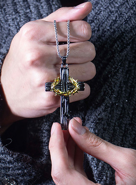 藤蔓荆棘花环皇冠十字架项链复古男黑金个性复古吊坠嘻哈朋克饰品