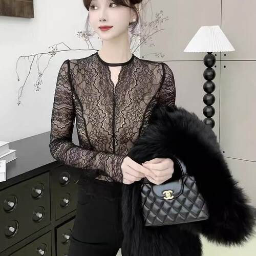 卡卡女装官方旗舰正品气质御姐高级感蕾丝打底衫透视长袖内搭上衣 - 图2