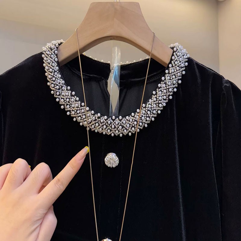 2025秋季新款时尚百搭显瘦大码女装胖妹妹丝绒串珠长袖T恤上衣潮 - 图1