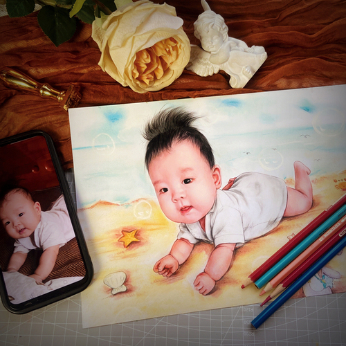 美院画师专属定制一生一次的手工胎毛画记录宝宝成长时刻满月礼物