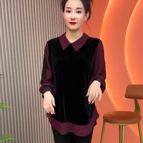 气质拼接衬衫领假两件设计感大码女装春季新款金丝绒胖MM简约女装 - 图3