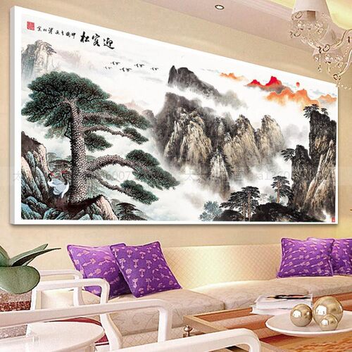新中式DIY方钻满钻钻石画全贴钻点钻十字绣水墨黄山迎客松山水画 - 图1