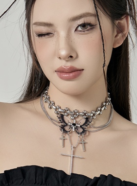 Y2K甜酷蝴蝶十字架项链流苏