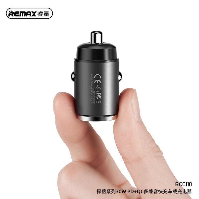 REMAX双口30WQC/PD快速车载充电器USB-C/A点烟器合金隐藏车充头22.5W隐形式45W小短转换插扩展一拖二孔闪充5A