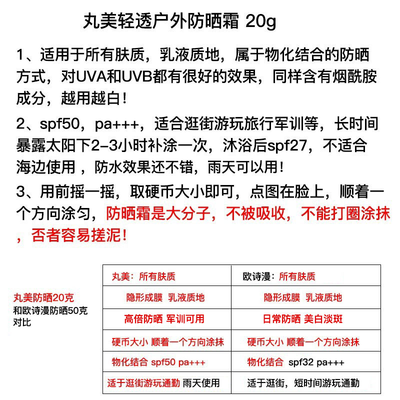 丸美防晒霜小金盾中样50倍 户外防晒乳20g防水防汗spf50防晒小样