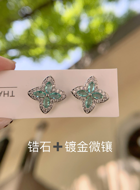 镀18K金驴字四叶草耳钉耳夹女S925银针精致微镶钻轻奢彩宝锆石饰