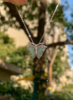 清纯 S925通体纯银天然翡翠玉石小白花蝴蝶项链清冷感新中式项链