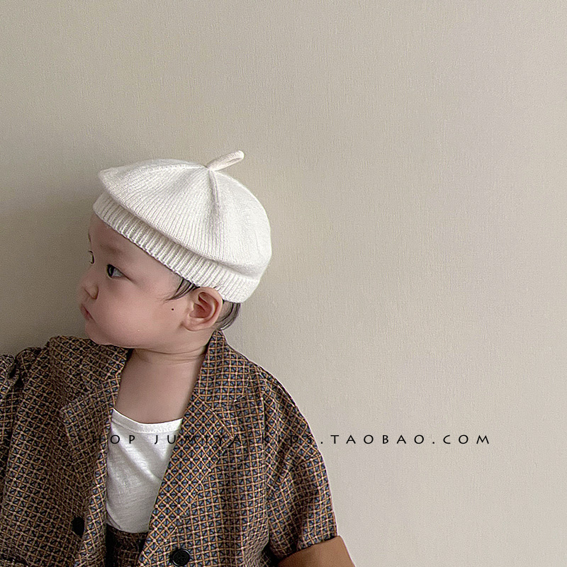 ins韩国婴儿帽子春秋0-1岁凹造型贝雷帽南瓜帽男宝宝针织毛线帽潮