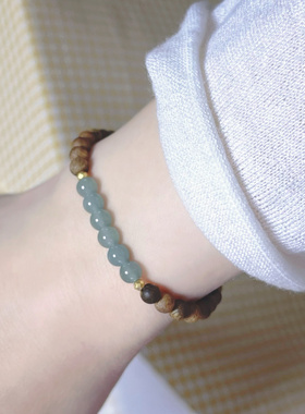 天然沉香手串女款单圈蓝水翡翠手链新中式国风手饰原创小众精致款