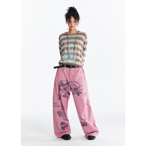 【张桂源同款】药九玖柒“丁香草”满印阔腿弯刀裤/1997邮政局 - 图1