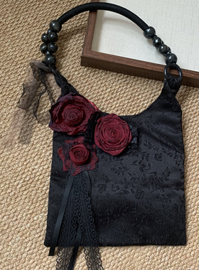 手工灼烧暗黑红色玫瑰花朵蕾丝飘带胸针DIY包花服装配饰装饰辅料