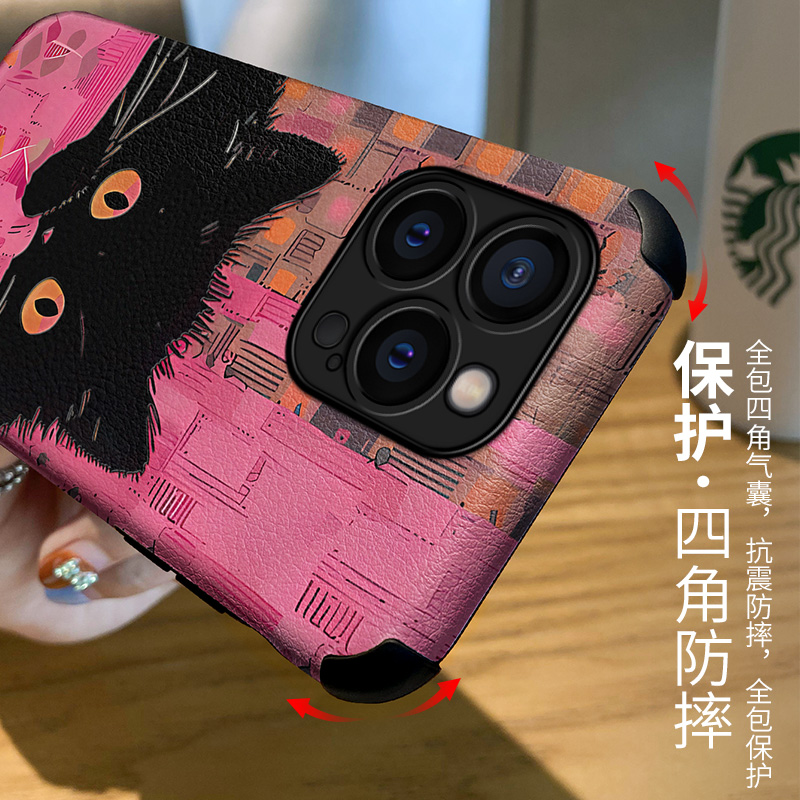 慵懒黑猫适用苹果15pro手机壳14新款卡通13小羊皮保护套iphone12全包防摔11女生pro创意xs可爱x爆款mini - 图3