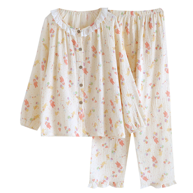 可爱卡通睡衣女春秋夏季纯棉纱布长袖2025年新款可外穿家居服套装,淘宝优惠券,粉丝福利购,淘宝优惠卷