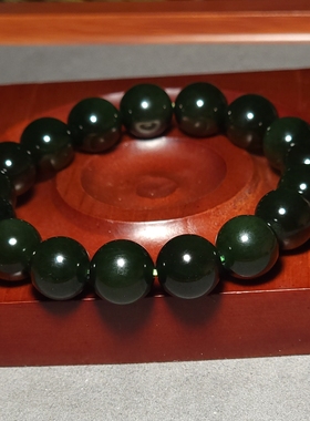L121901 46.2克，直径12mm油性极高肉质纯净墨绿色碧玉圆珠手链