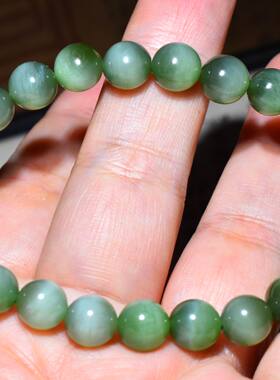 JJ030201新疆的猫17.6克直径8mm纯净的老坑俄料碧玉猫眼圆珠手链