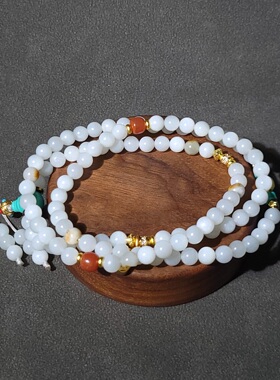 C031801新疆的猫42克明亮糯白搭配贵气的白玉籽料108项链