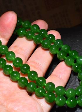 JJ011304新疆的猫46.1克8mm珠子圆润的菠菜绿老坑碧玉项链