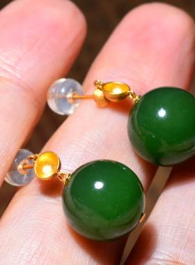 新疆的猫JJ122516  6.2克，精美的俄料碧玉18k金镶嵌圆珠耳坠