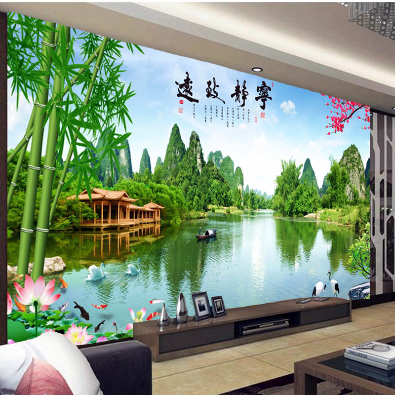 新中式风景墙纸18d电视背景墙国画山水墙布客厅影视装饰壁画定制_虎窝淘