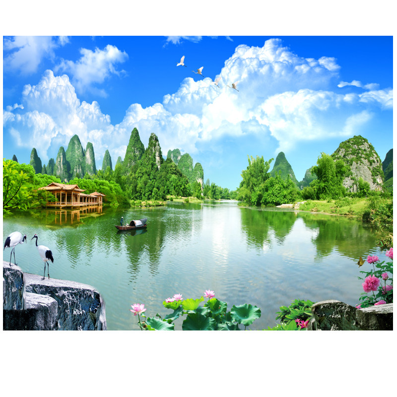 新中式风景墙纸18d电视背景墙国画山水墙布客厅影视装饰壁画定制_虎窝淘