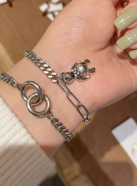 韩国东大门饰品圆环双环小熊链条手链女s925银泰银坦克链复古
