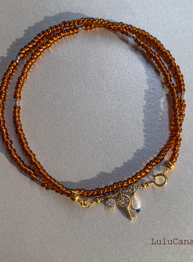 铜镀金玻璃米珠锁骨链小钥匙项链