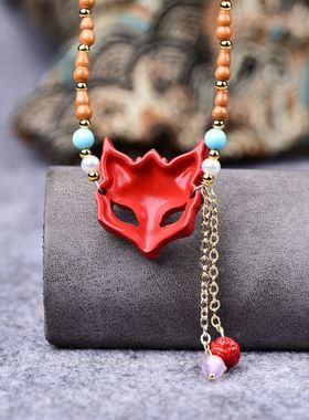 2511狐仙面具项链吊坠朱砂红砂高含量毛衣链挂件锁骨链源头国风