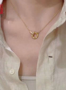 2512双环镶钻链坠黄铜镀24K环环相扣项链女款双圈吊坠时尚百搭