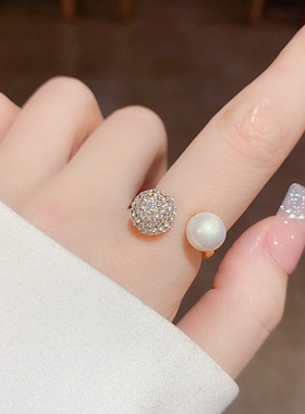 日韩时尚气质轻奢简约圆形锆石珍珠开口戒指复古感时尚手饰品