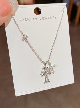 韩版精致气质时尚锆石双十字架吊坠项链个性轻奢百搭感锁骨链