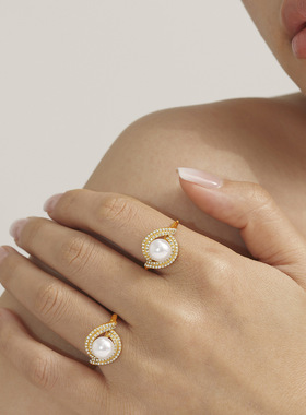 欧麦卡不锈钢双层锆石光泽感贝珠戒指开口可调节不掉色奢华感首饰