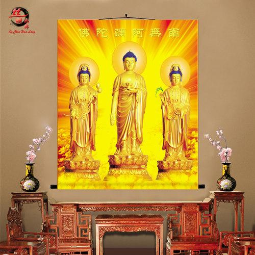 西方三圣画像挂画 阿弥陀佛接引图卷轴画 高清佛堂绢布佛像画 - 图0