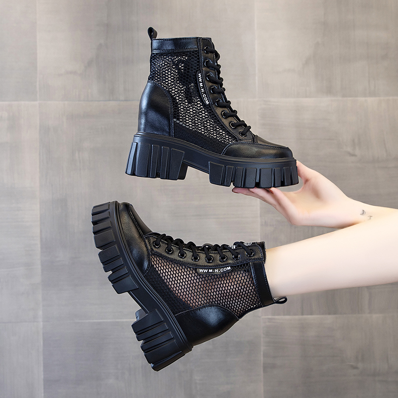 夏天靴子透气薄款内增高女鞋10cm真皮马丁靴女棉靴网面高跟短靴秋 - 图0