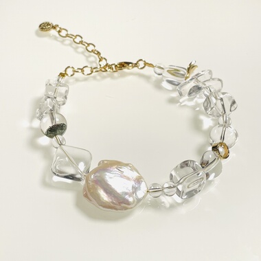 【晴山白水第二弹】原创设计师手链天然白水晶胶花黑发晶叠戴