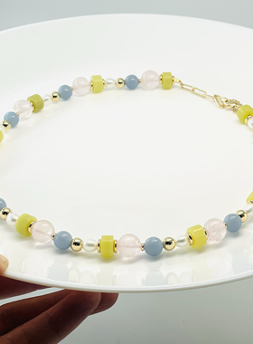 【春和景明】原创设计师项链淡水珍珠天然粉晶天使石彩色天然石