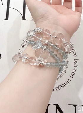 【桃花坞】粉水晶蓝托帕多圈手链四圈小众设计钛钢包999足银