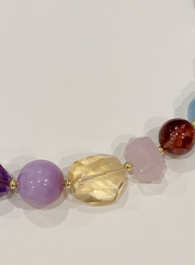 天然紫塔晶黄水晶多宝项链紫锂辉紫玉晶巴西红胶花海蓝宝毛衣链