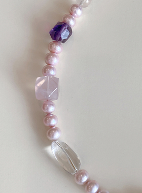 天然粉珍珠粉水晶多宝项链茶晶紫水晶白水晶四叶草设计感毛衣链