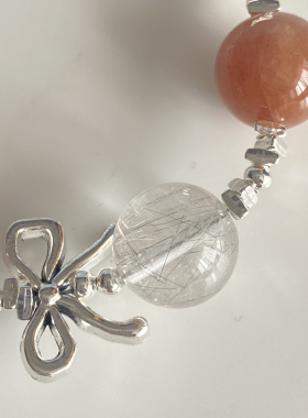 天然水晶粉兔毛蝴蝶结手链女款银发晶单圈手串女友闺蜜白兔毛礼物