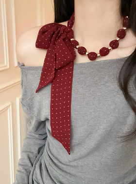 韩系复古波点长条丝巾项链女高级感气质系脖领巾配饰春夏季新款