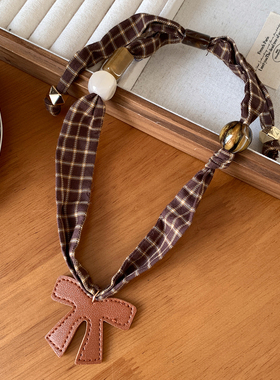 文艺风皮质蝴蝶结格子丝巾项链