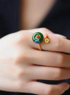 天然和田玉平安扣纯银烧蓝祥云中国民族风女复古气质开口戒指指环