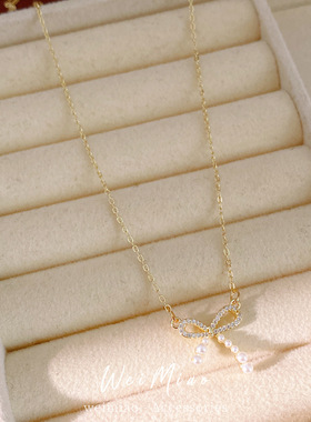 简约气质镶锆石蝴蝶结珍珠项链轻奢小众锁骨链感百搭项饰