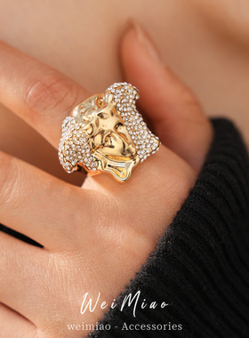 个性冷淡风镶钻人像开口戒指小众感指环时尚精致轻奢手饰