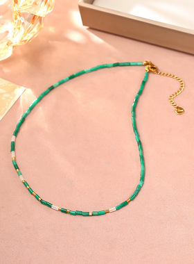 法式复古绿东陵串珠项链轻奢感网红爆款时尚气质天然石锁骨链