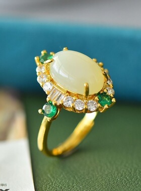 镀银镶嵌高冰种白玉髓戒指女款鸽子蛋绿玉石戒指直播货源