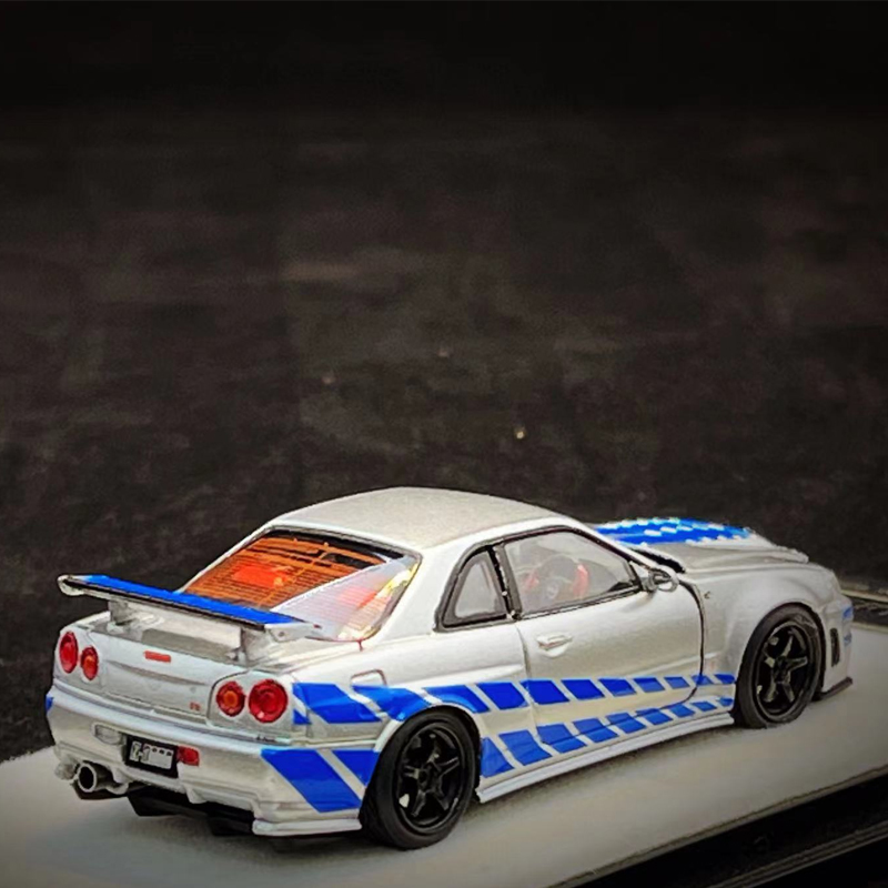 尼桑GTR R34 Z-TUNE PGM限量 1:64 蓝银条纹 合金全开汽车模型 - 图2