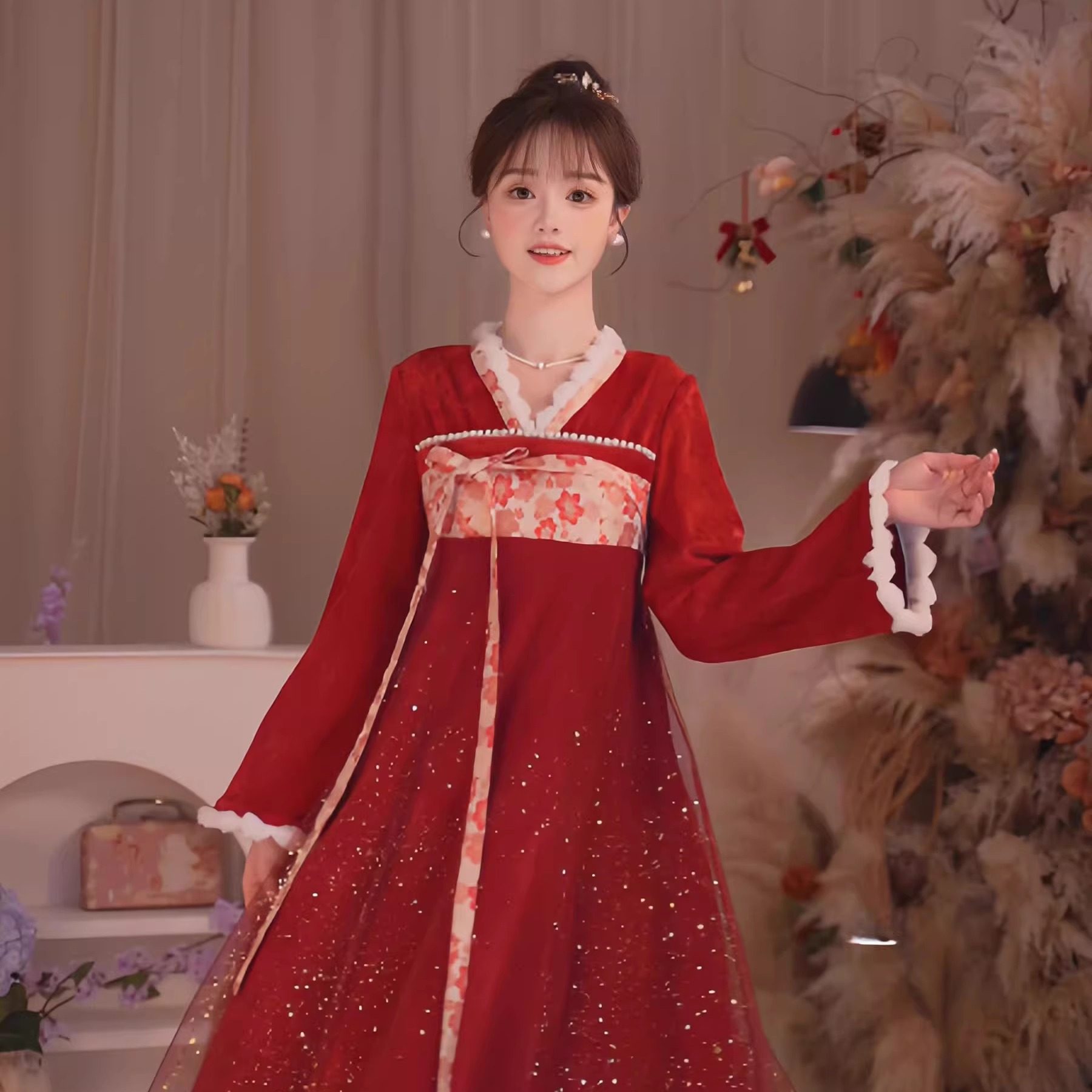 瑶西【红裕鎏金】冬季国风原创新款丝绒洒金长袖国风汉服连衣裙,淘宝优惠券,粉丝福利购,淘宝优惠卷