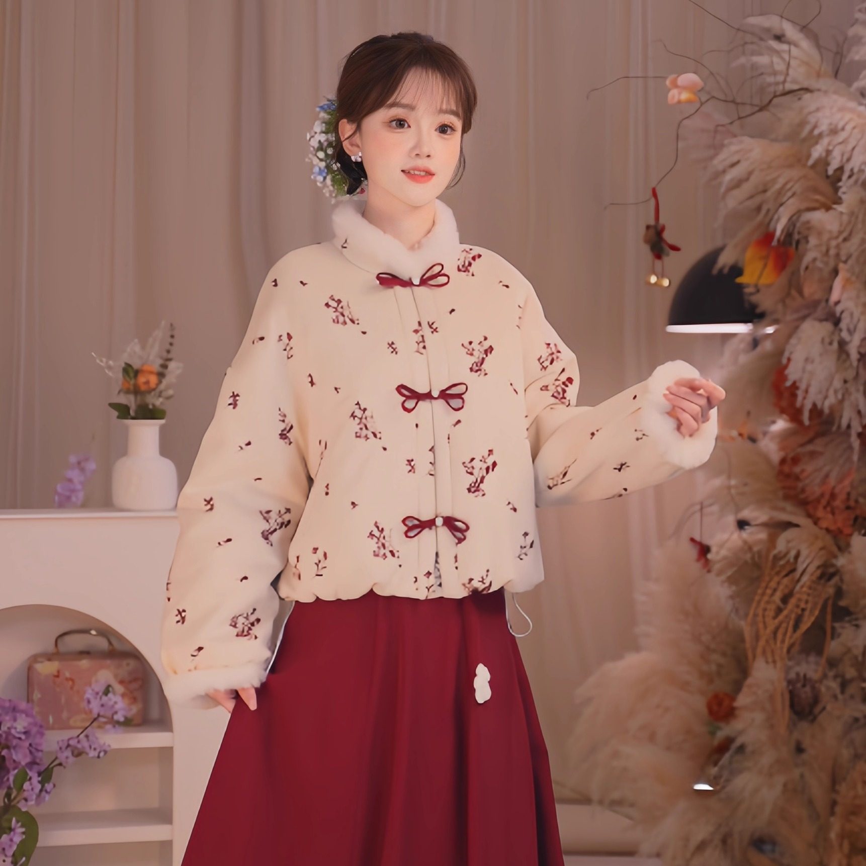 瑶西【红枝暮雪】正版原创冬季厚款外套立体手工花加绒女半裙套装,淘宝优惠券,粉丝福利购,淘宝优惠卷